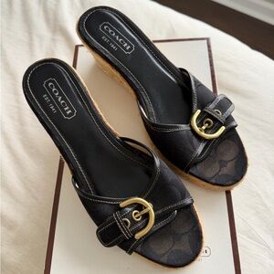 Coach Signature Canvas Espadrille Wedge Sandals Black Horsebit Size 8